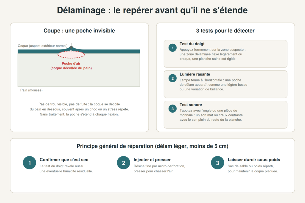 Délaminage planche de surf : schéma montrant la poche invisible entre coque et pain, et les 3 tests de détection (doigt, lumière rasante, sonore)
