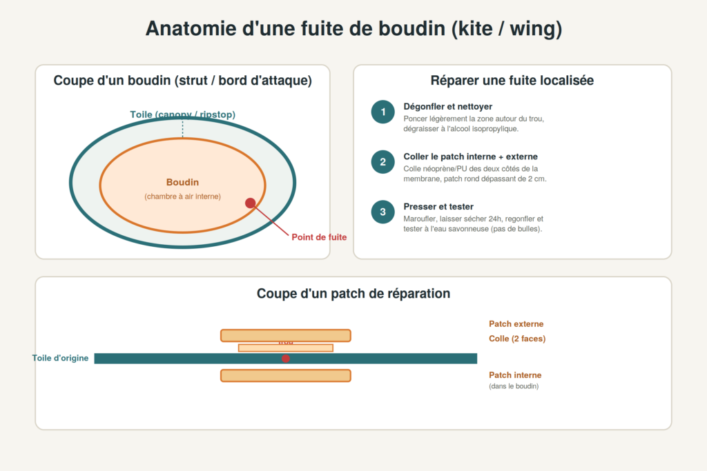 Schéma de la coupe d'un boudin de kite avec point de fuite et méthode de pose d'un patch de réparation en 3 étapes