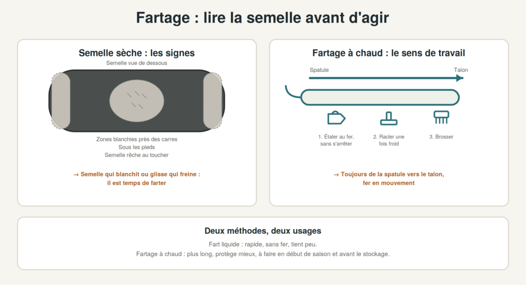 Schéma : reconnaître une semelle de ski sèche et sens du fartage à chaud, de la spatule vers le talon
